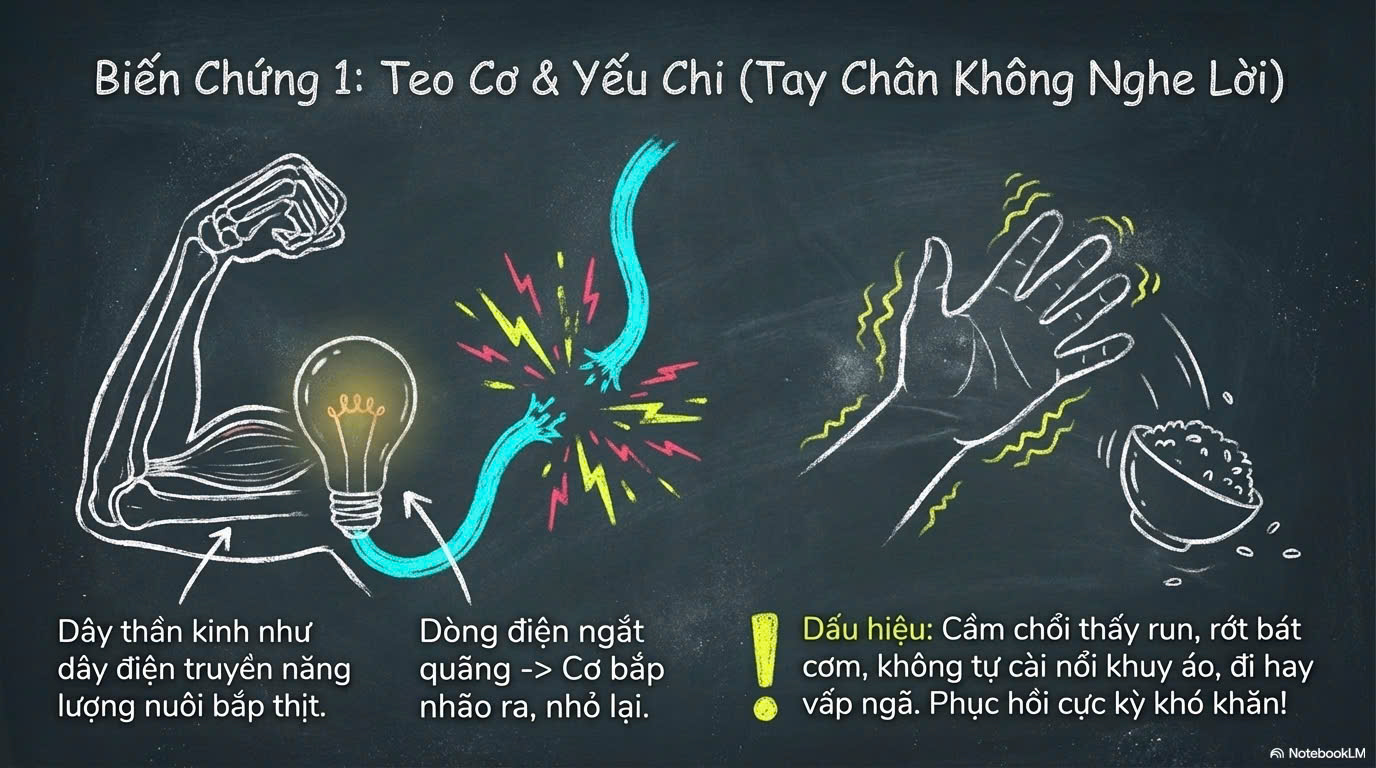 tê bì tay chân gây teo cơ yếu chi không cầm nắm được đồ vật