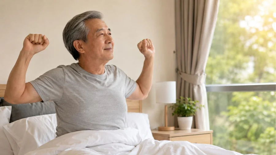 Người cao tuổi ngồi ở mép giường sau giấc ngủ trước khi đứng lên